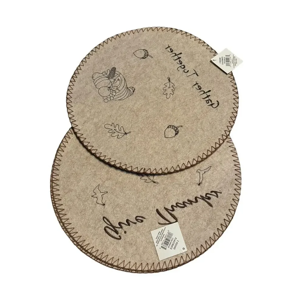 4 Round Place Mats Thanksgiving Autumn Gather Together Give Thanks Embroidered